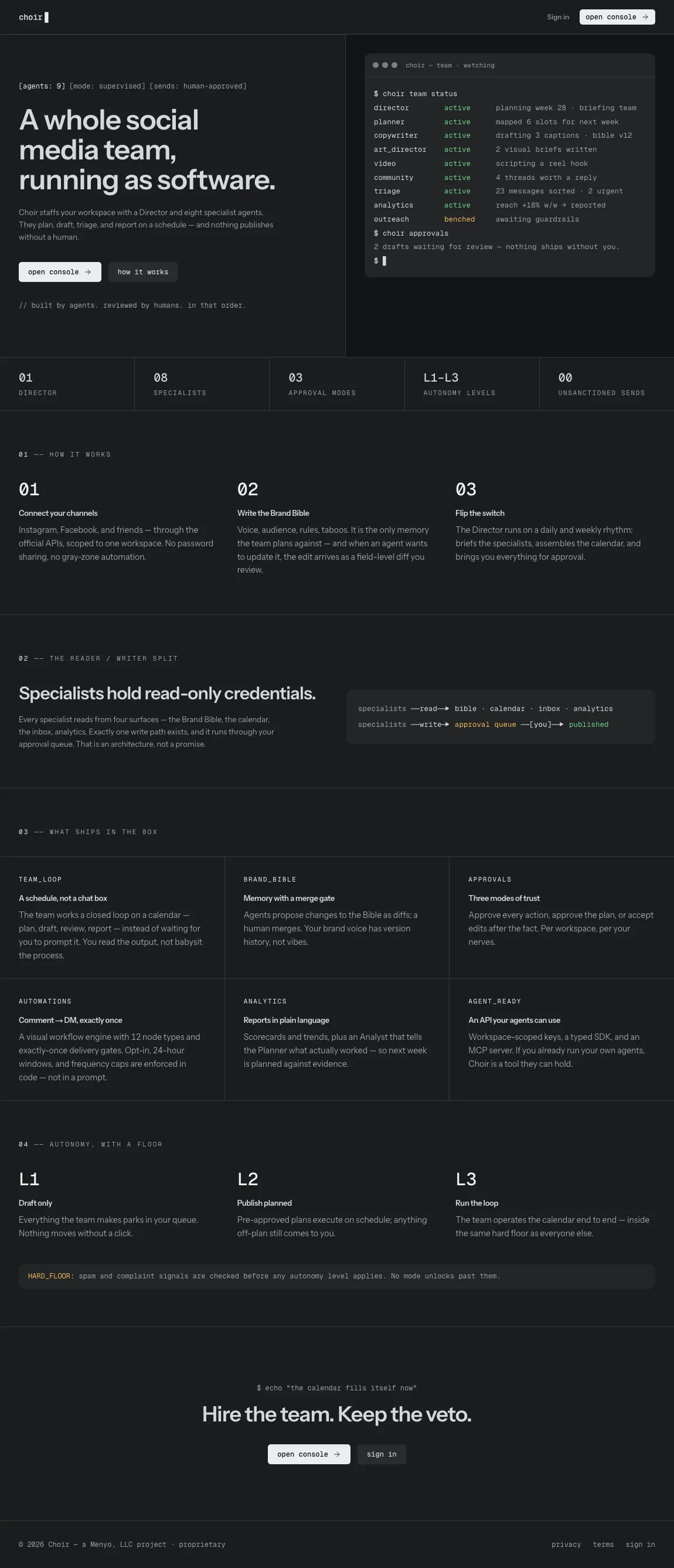 The landing page, with the roster and the stat strip