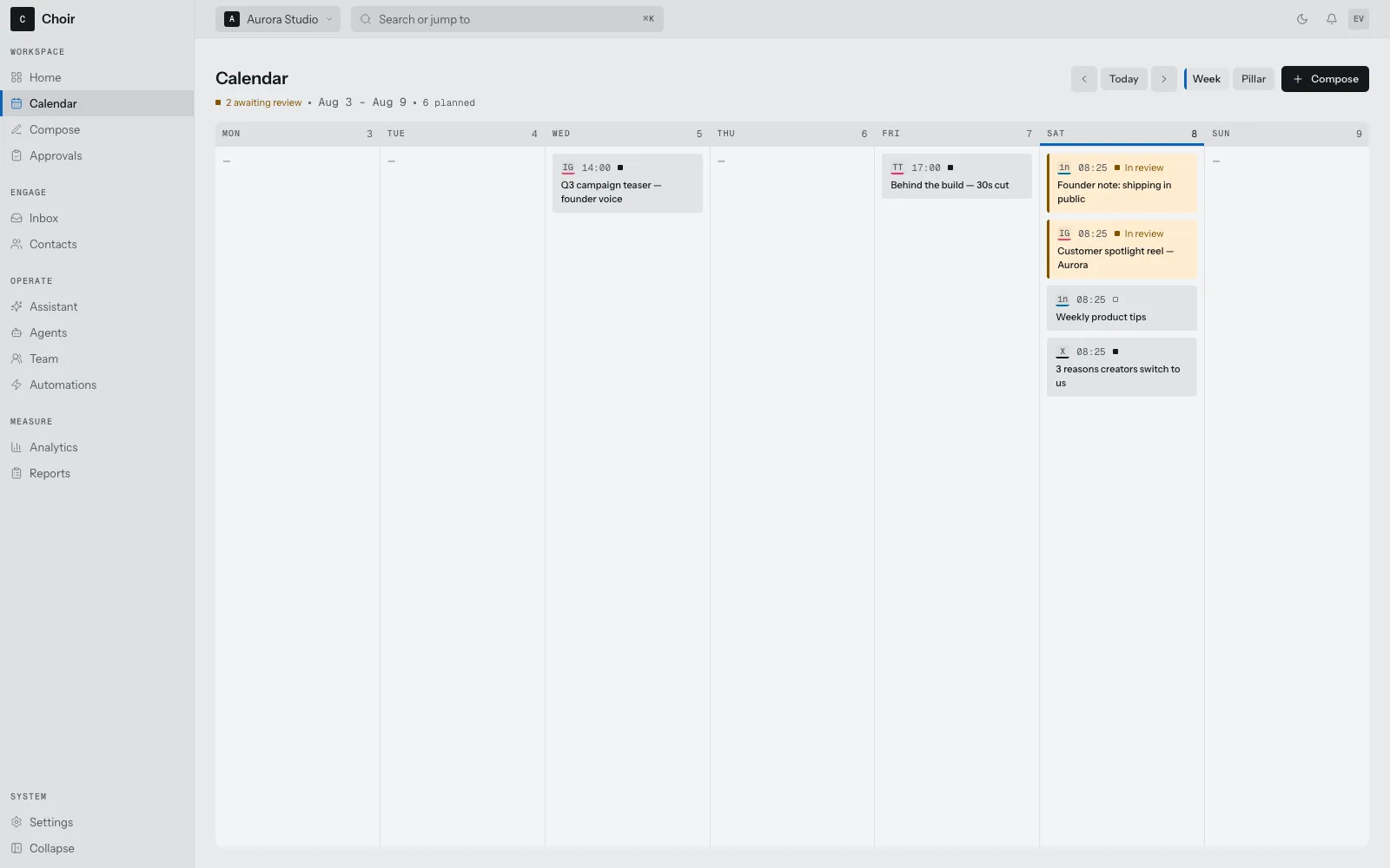 The week view of the calendar, platform-tinted blocks on a paper grid