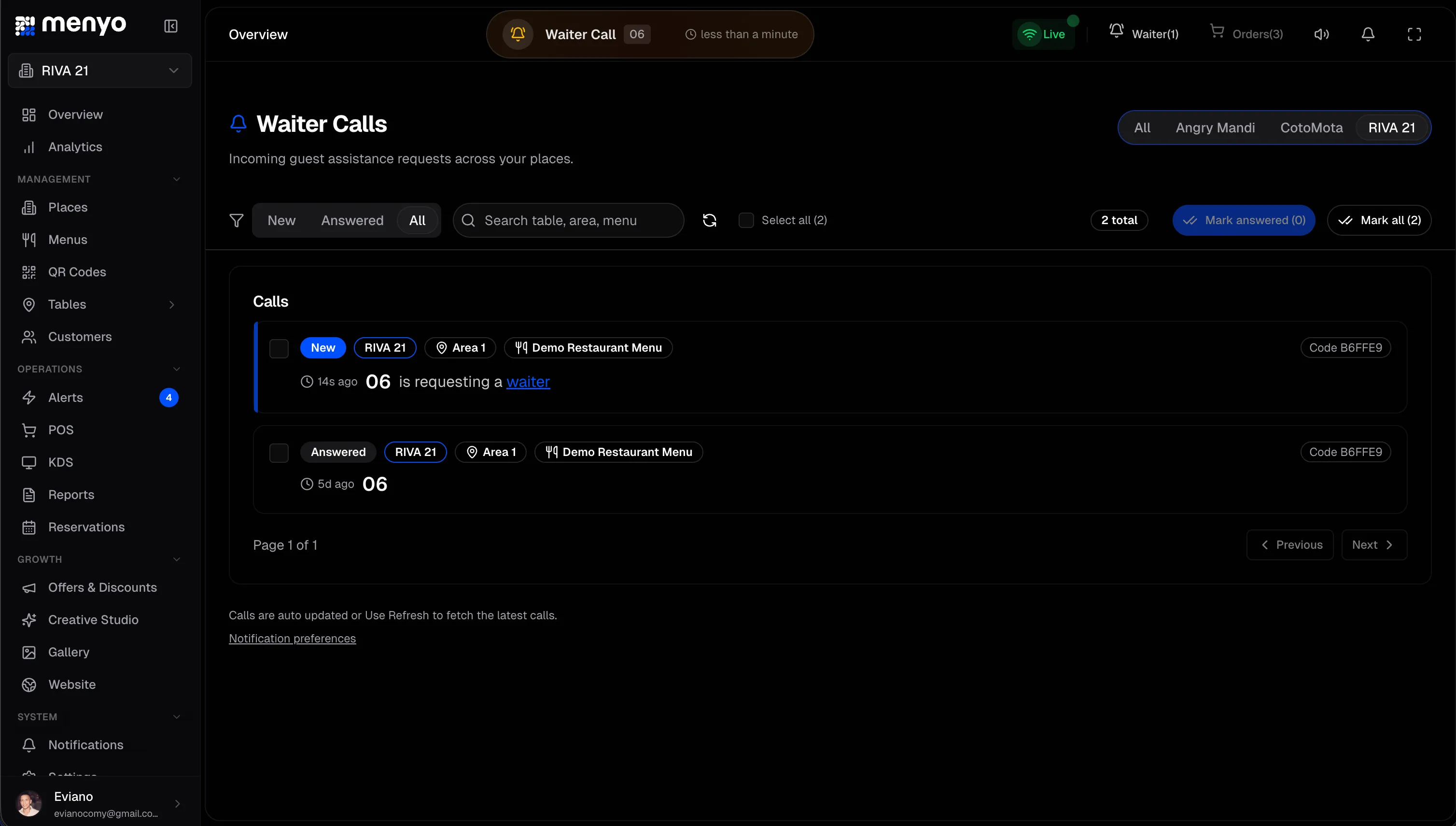 Real-time Waiter Call System