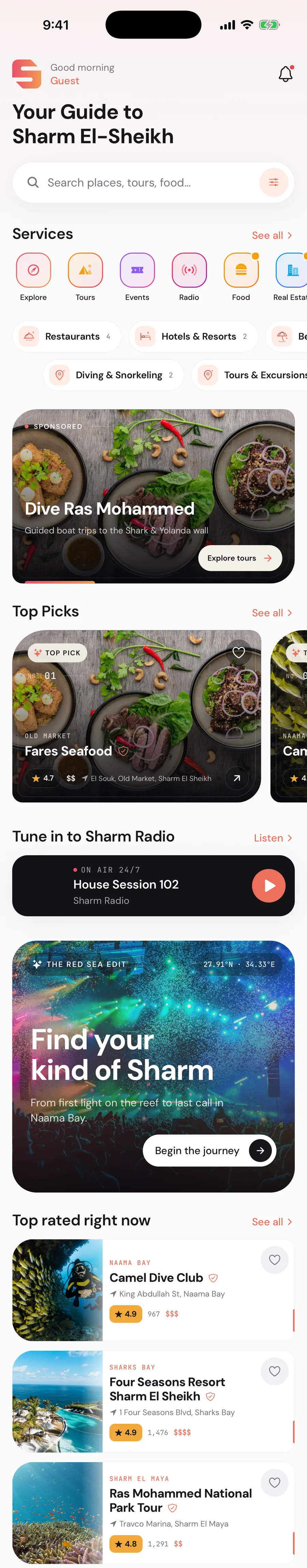 Sharm.app home feed, sections revealing as they are read