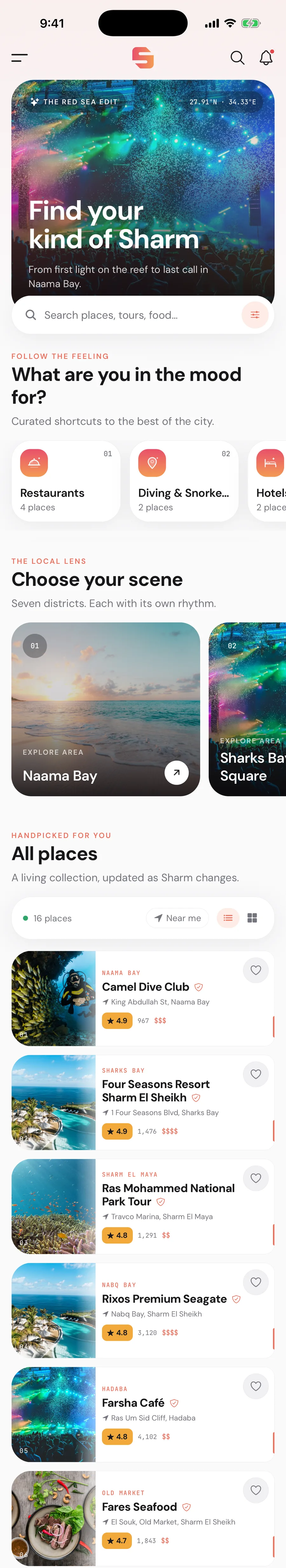 Sharm.app explore screen with editorial hero, moods, and neighbourhoods