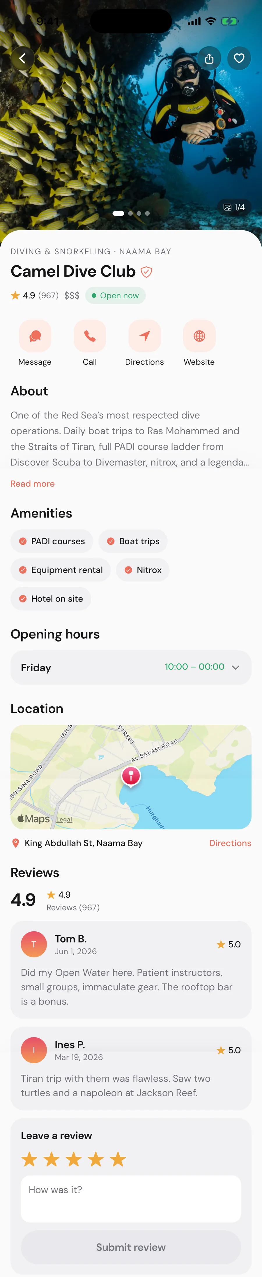 Sharm.app place listing with gallery, hours, reviews, and booking