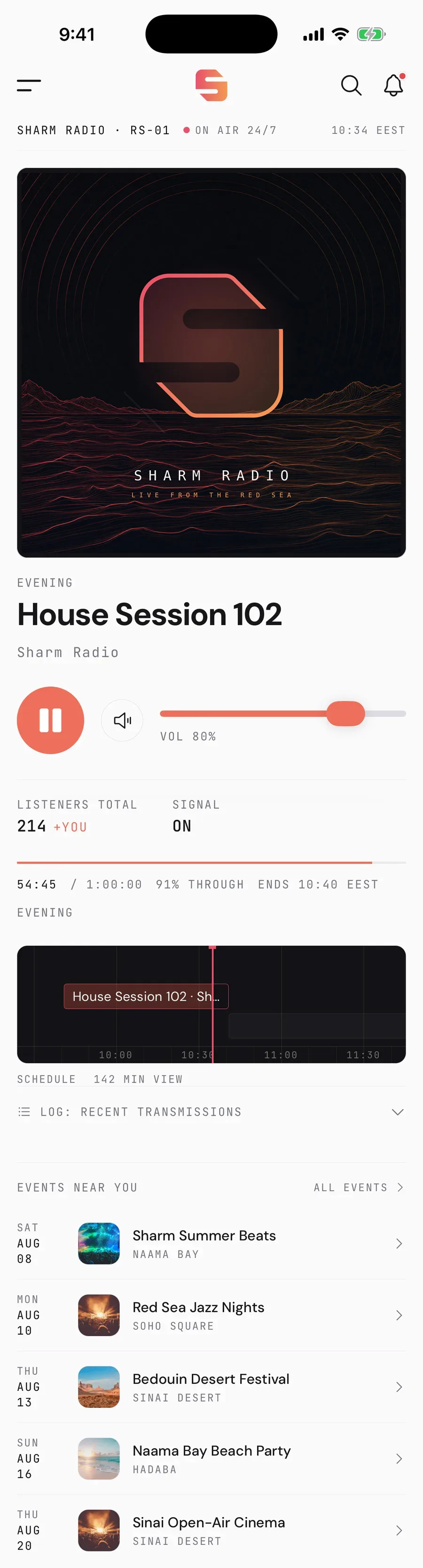 Sharm Radio screen, an instrument faceplate with a spectrum plotter