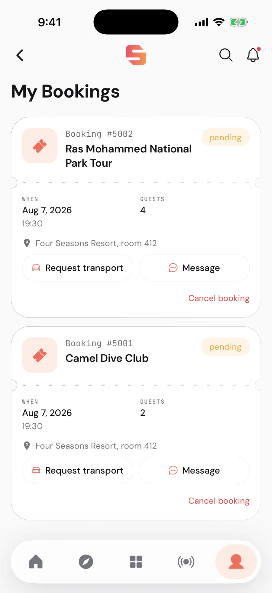 Sharm.app bookings screen, a ticket with a perforated tear line