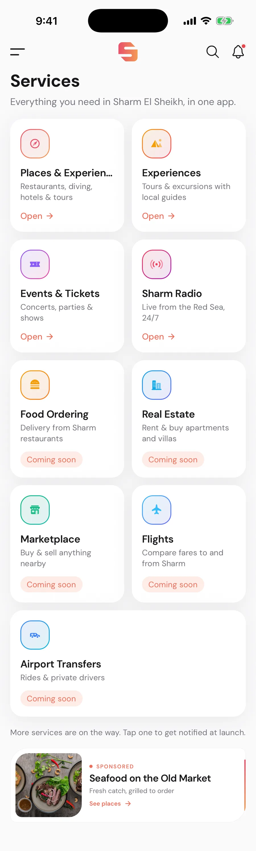 Sharm.app services grid, nine verticals with live and coming soon states