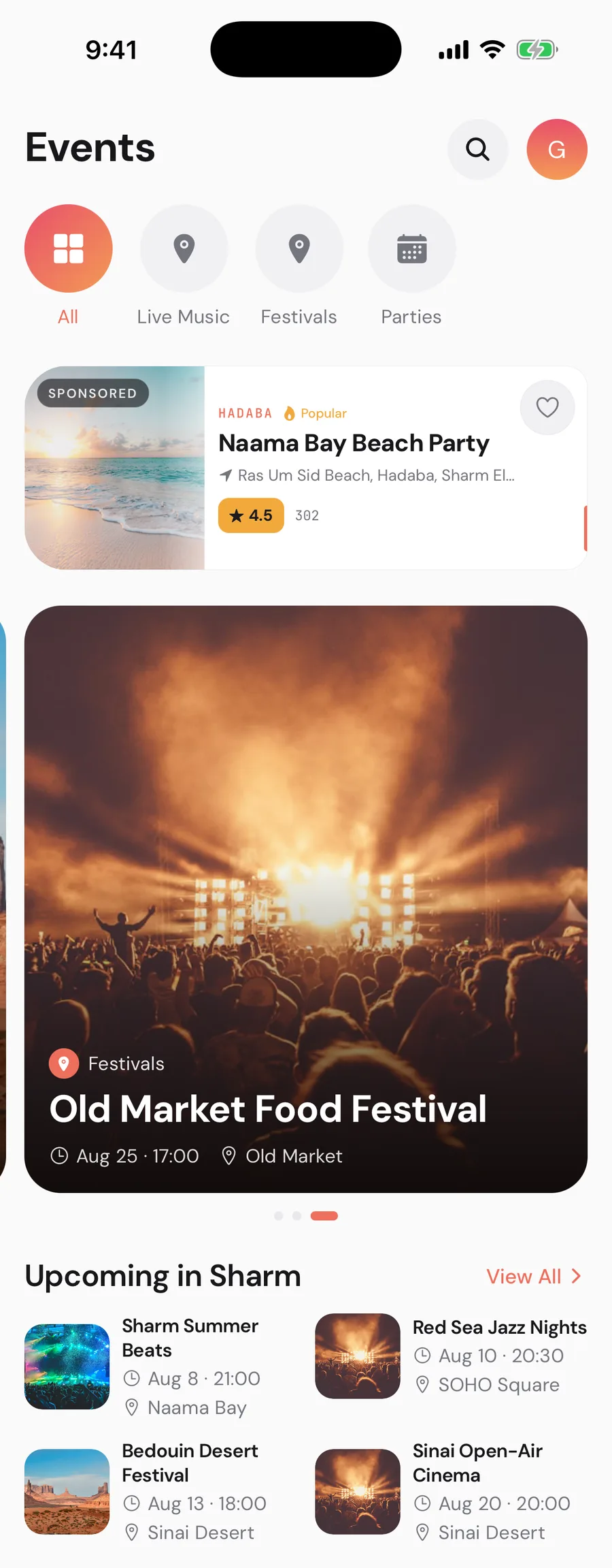 Sharm.app events screen, a dated calendar of what is on in the city