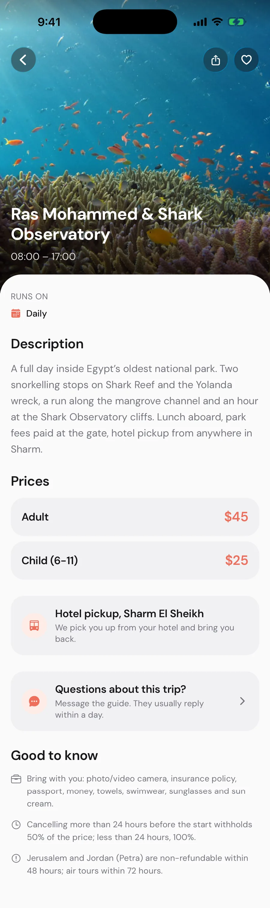 Sharm.app experience screen, a day trip with itinerary, price, and operator